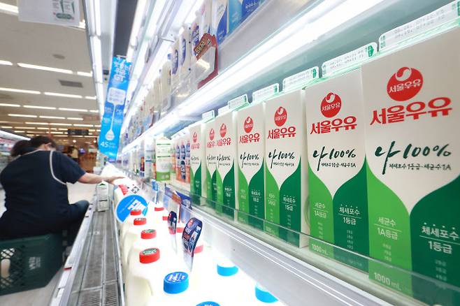 서울 시내 한 대형마트에서 업체 관계자가 우유를 정리하고 있다. 서울우유는 최근 소속 낙농가들에게 리터(L)당 58원의 지원자금을 지급키로 하면서 사실상 원유가격을 인상했다. (사진=연합뉴스)