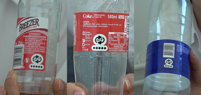 판트(Pant)A 라벨이 붙은 유리병(왼쪽)을 반환하면 1크로네를 돌려받을 수 있습니다. 500㎖ 콜라병(가운데)은 판트B로 1.5크로네, 1.5리터짜리 생수병(오른쪽)은 판트C로 3크로네를 받을 수 있고요. 이수연 PD