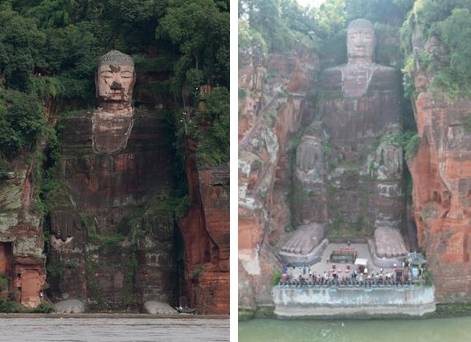 가뭄으로 받침대 드러낸 중국 러산대불 [바이두 캡처]