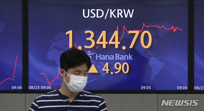 [서울=뉴시스] 김금보 기자 = 코스피가 전 거래일(2462.50)보다 13.19포인트(0.54%) 내린 2449.31에 개장한 23일 오전 서울 중구 하나은행 딜링룸 전광판에 지수가 표시되고 있다. 코스닥지수는 전 거래일(795.87)보다 5.92포인트(0.74%) 하락한 789.95에, 서울 외환시장에서 원·달러 환율은 전 거래일(1339.8원)보다 2.0원 오른 1341.8원에 출발했다. 2022.08.23. kgb@newsis.com