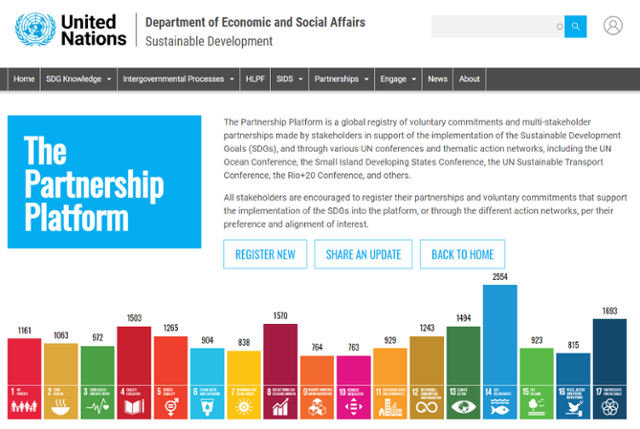 유엔은 민간기관의 파트너십을 촉진하기 위해 사례 등록을 위한 창을 열어두었다. 사진 속 등록(Register) 버튼을 누르면 자기기입식으로 활동내역을 등록할 수 있다. 홈페이지 캡처