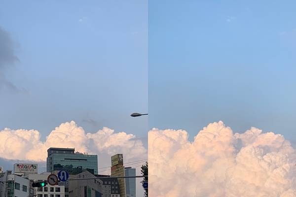 기자가 직접 '포토샵 능력자'에게 의뢰 후 받은 사진. 요구했던 빌딩이 완벽히 사라진 모습이다. 왼쪽의 사진이 오른쪽 사진으로 변하는 데 걸린 시간은 20분이 채 되지 않는다.