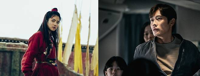 영화 ‘외계+인(1부)’의 주연 배우 김태리(왼쪽)와 ‘비상선언’ 주연 배우 이병헌(오른쪽). (사진 출처=영화 스틸컷 캡처)