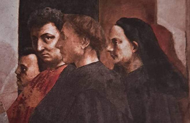 마사초(왼쪽 붉은 옷)·브루넬레스키(오른쪽 끝·마사초, 테오필로스 아들의 부활 중 일부)