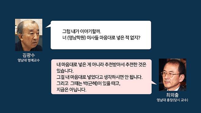 지난 2020년 9월 25일 녹음된 최외출 영남대 총장(당시 교수)과 김광수 명예교수와의 대화에서 발췌.