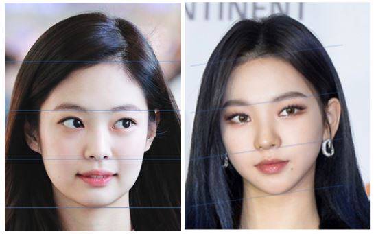상, 중, 하안면을 나누는 기준은 눈썹 아래, 코 아래로, 파란선이 턱끝에 딱 맞으면 1:1:1이다. [사진=블랙핑크 제니(좌), 에스파 카리나(우)]
