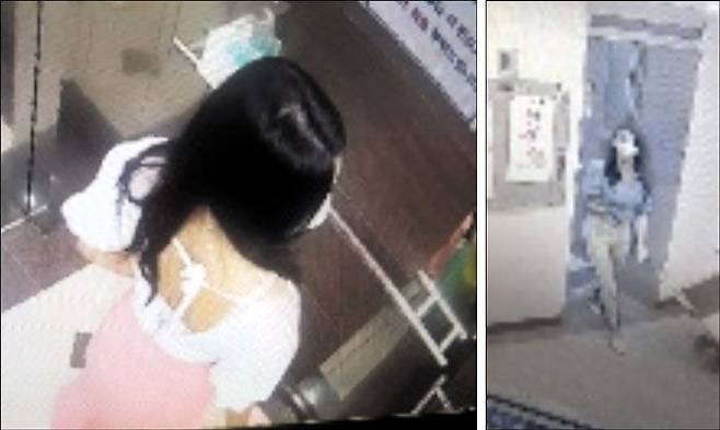 CCTV에 찍힌 여성 - 국정원 산하 국책연구기관인 국가안보전략연구원이 관리하는 서울 강남 도곡동 빌딩 사무실에 한 여성이 엘리베이터를 타고 출입하는 모습이 CCTV 화면에 잡혔다(왼쪽 사진). 문재인 대선 캠프 출신인 전략연 간부가 사무실을 사적 용도로 사용하며 여성을 불러 술자리를 한 것으로 알려졌다. 오른쪽 사진은 다른 옷차림의 여성이 같은 사무실로 향하는 모습. /독자 제공