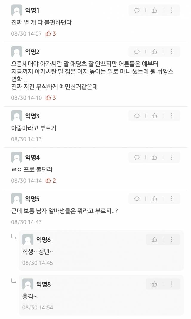 대학생들이 주로 활용하는 온라인 커뮤니티. '아가씨 호칭까지 지적하는 건 과하다'는 의견이 주를 이룬다. 온라인 커뮤니티 캡처