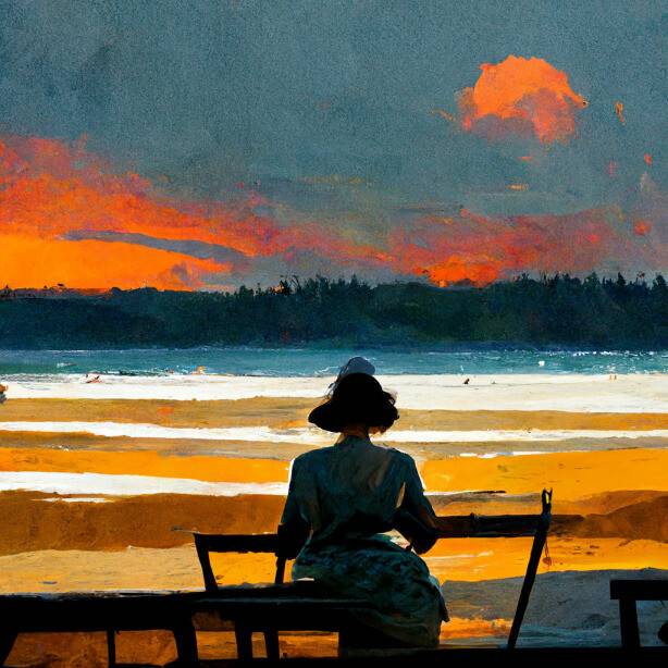 인공지능 화가 미드저니가 그린 그림. “바닷가에서 석양을 보며 그림을 그리는 여인을 그려줘.”