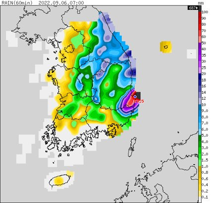 6일 전국 시간당 강우강도. 자료 기상청