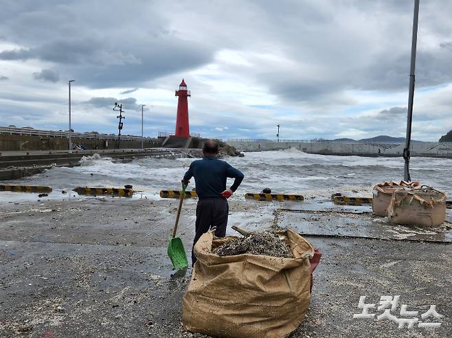 제11호 태풍 힌남노가 강타한 부산 해운대구 청사포 일대. 잔해물을 치우던 관계자가 바다를 바라보고 있다. 정혜린 수습기자