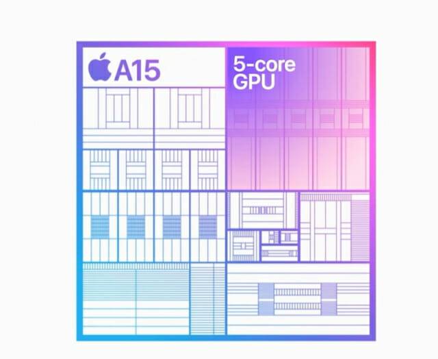 아이폰14와 아이폰14 플러스에 탑재된 A15 바이오닉. 5개 코어 GPU가 탑재됐다. (사진=애플 영상 갈무리)