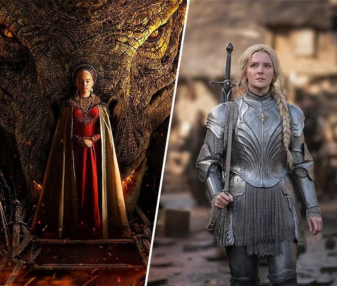 왕좌의 게임 프리퀄 ‘하우스 오브 드래곤’(왼쪽)과 반지의 제왕 TV 시리즈 ‘링즈 오브 파워’. 사진=웨이브(HBO 맥스)/ 아마존 프라임