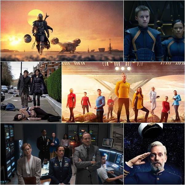 `만달로리안`-`로스트 인 스페이스`-`스타트렉: 스트레인지 뉴 월드`-`에비뉴5`-`포 올 맨 카인드`-`우주전쟁`(왼쪽 위부터 시계방향) 사진|디즈니+, 넷플릭스, 티빙, 웨이브, 애플TV+, 왓챠