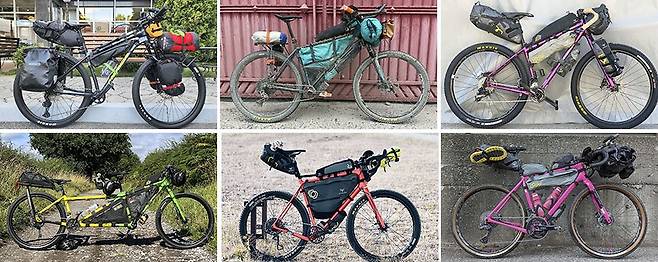 2022 실크로드 마운틴 레이스 참가자들의 자전거. 윗줄 왼쪽 첫째가 박종하 씨의 자전거다. 아랫줄 왼쪽에 탠덤(2인승) 바이크가 보인다. 팀으로 출전해 완주했다. 사진 SMRM