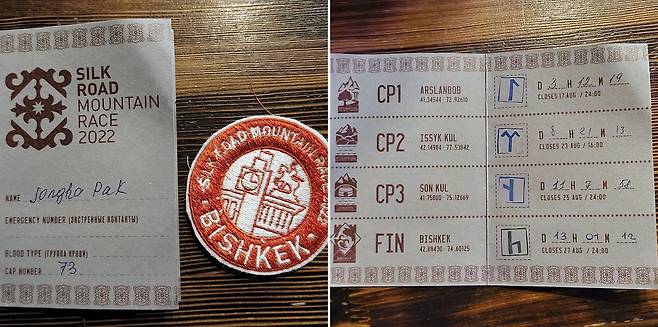 실크로드 마운틴 레이스 완주를 증명하는 패치(왼쪽 사진)와 이동 중 콘트롤 포인트에서 인증 도장을 받은 브레베 카드. 사진 박종하
