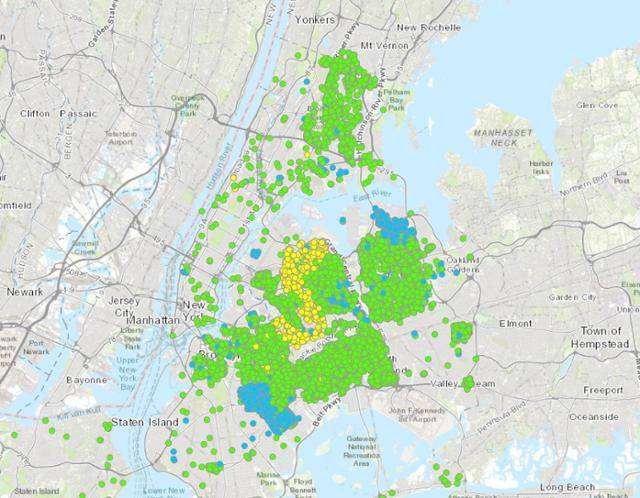 뉴욕시 전역에 설치된 그린 인프라스트럭처(Green infrastructure·GI) 지도입니다. 1만1,000여개가 있습니다. 뉴욕시청 제공