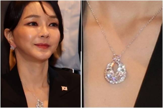 윤석열 대통령 부인 김건희 여사가 지난 6월29일(현지시간) 스페인 마드리드 만다린 오리엔탈 리츠호텔에서 열린 동포 만찬 간담회에 참석한 모습. 김 여사는 당시 6000만원 상당의 반 클리프 앤 아펠 목걸이를 착용한 것으로 알려졌다. 연합뉴스