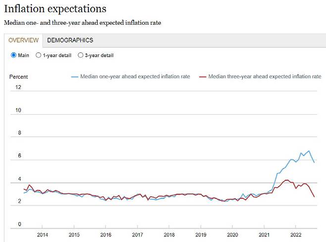 미국 뉴욕 연방준비은행이 집계하는 추후 1년 기대인플레이션율(파란선)과 3년 기대인플레이션율(빨간선). (출처=뉴욕 연방준비은행)
