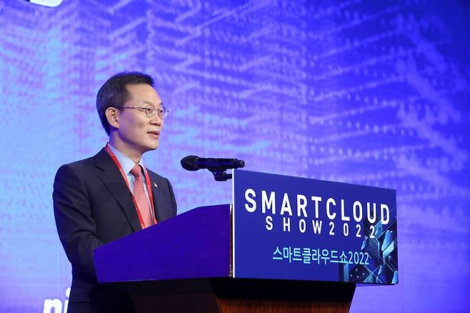 이종호 과학기술정보통신부 장관이 14일 서울 웨스틴조선 호텔에서 열린 '스마트클라우드쇼 2022'에서 축사를 하고 있다./조선DB