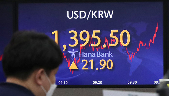 An electronic display board at Hana Bank in central Seoul shows market on Wednesday. [NEWS1]