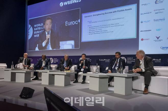 KT SAT(대표 송경민)이 글로벌 유수 위성사업자가 참여하는 유로컨설트 WSBW(World Satellite Business Week) 2022 행사에서 경쟁이 심화되는 글로벌 위성시장에 대응하기 위한 사업 전략을 공개했다고 15일 밝혔다. 사진은 송경민 사장(왼쪽 네번째)이 다중궤도 위성사업 전략을 공개하는 모습. (사진=KT 제공)