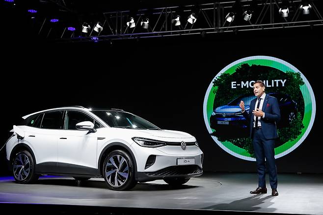 Sacha Askidjian, executive director of Volkswagen Korea, speaks during a launching ceremony of ID.4 in Seoul on Thursday. (Volkswagen Korea)