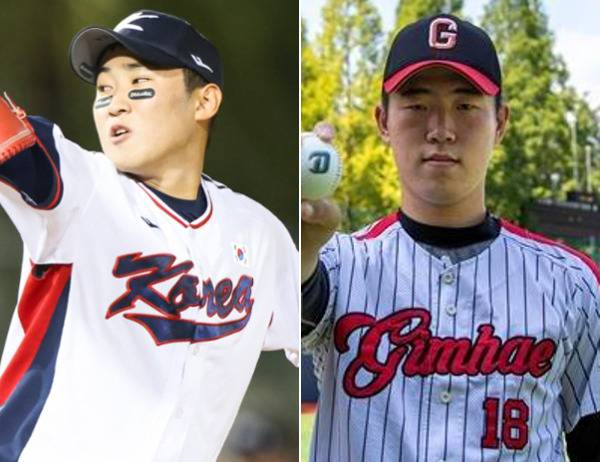 전체 2순위로 KIA 타이거즈의 지명을 받은 충암고 윤영철과 ‘학교폭력 논란’으로 2020년 1차 지명이 철회됐다가 15일 2라운드 전체 19순위로 두산 베어스의 지명을 받은 고려대 김유성(사진 왼쪽부터). 연합뉴스