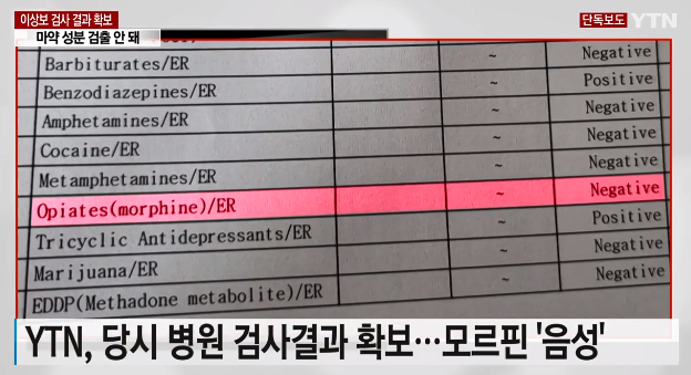 마약 투약 혐의를 받는 배우 이상보씨의 병원 마약검사 결과에서 모르핀 '음성' 반응이 나왔던 것으로 전해졌다. 캡처 사진은 YTN이 이씨의 당시 병원 검사결과지를 확보해 공개한 내용. 모르핀 성분에 대한 반응이 '음성'(Negative)로 나와 있는 것을 확인할 수 있다. 이 검사에서 이씨는 벤조다이아제핀과 삼환계 항우울제에 대해 '양성' 반응을 보였다. YTN 화면 캡처