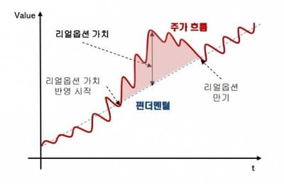 리얼 옵션의 구조를 설명한 그래프. 주가에 옵션의 가치가 반영되면 기업의 펀더멘털보다 높은 가치를 받게 된다. 옵션이 만기(이벤트의 종료)되면 주가는 제자리를 찾아 간다. /사진=SK증권