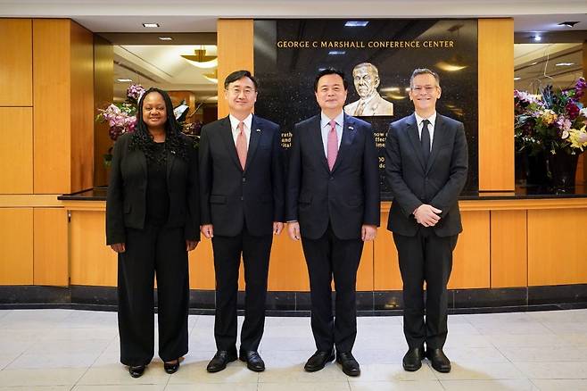 South Korea`s vice defense and foreign ministers - Shin Beom-chul (2nd from L) and Cho Hyun-dong (2nd from R) - pose for a photo with Colin Kahl (R), undersecretary of defense for policy, and Bonnie Jenkins, undersecretary of state for arms control and international security, at a session of the Extended Deterrence Strategy and Consultation Group (EDSCG) in Washington D.C. on Friday. (Ministry of National Defense)