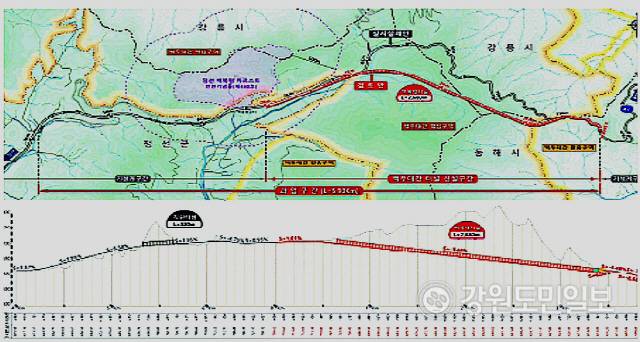 ▲ 백두대간 능선을 따라 굴곡지게 건설돼 험한 길의 대명사가 된 국도42호선 백봉령도로가 1117억원이 투입돼 오는 2025년 직선·터널화 돼 환동해권 물류와 관광에 새로운 수요 창출이 기대된다. 사진은 국도 42호선  동해시 신흥동~정선군 임계면 구간 17.4km의 직선화·터널화 건설사업 위치도.
