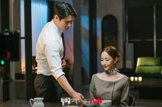 Ko Kyoung-pyo, left, and Park Min-young during a scene from the upcoming tvN rom-com "Love in Contract" [TVN]
