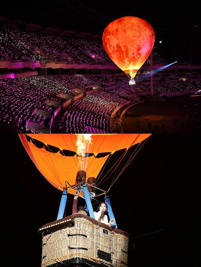 아이유는 2, 3층 관객에게 더 가까이 가고 싶어서 열기구를 타게 됐다고 말했다. 이담엔터테인먼트 제공