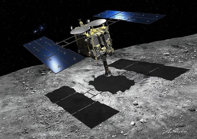 일본항공우주개발기구(JAXA)가 개발한 소행성 탐사선 '하야부사2'가 소행성 '류구'의 표면 샘플을 채취하는 모습을 그린 가상 이미지. /JAXA 제공