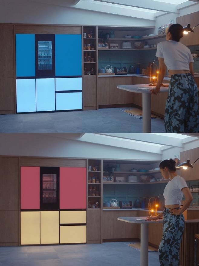 LG전자가 고객이 LG 씽큐 앱에서 원하는 컬러를 선택하면 냉장고 색상은 물론 공간 분위기까지 바뀌는 ‘LG 디오스 오브제컬렉션 무드업(MoodUp)’을 22일 국내 출시한다. 모델이 LG 씽큐 앱에서 터치만으로 냉장고 색상을 변경하고 있다. (사진=LG전자)