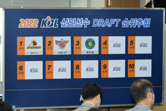 LG는 21일 KBL 센터에서 열린 2022 KBL 신인선수 드래프트 지명 순위 추첨식에서 전체 1순위 지명권을 얻었다. 3년 전 고려대 박정현을 지명한 후 처음이다. 사진=KBL 제공