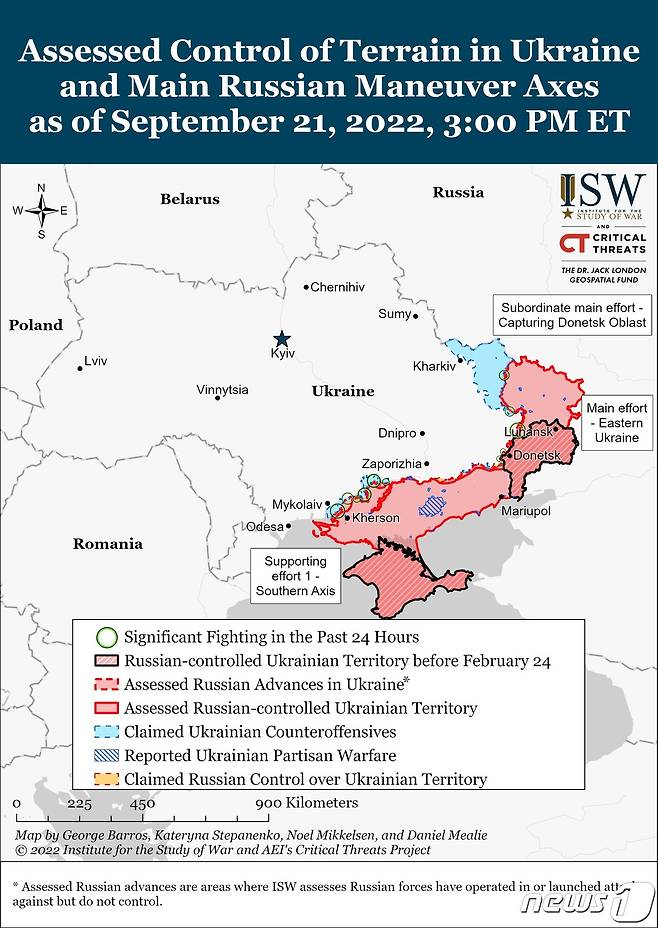 미국 전쟁연구소(ISW)가 시각화 한 2022년 9월 21일(현지시간) 기준 우크라이나 전황.
