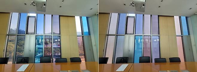 평소엔 투명하다가(왼쪽), 리모콘을 누르면 전기가 통해 뿌옇게 변하는(오른쪽) 스마트필름을 장착한 회의실 유리. /네패스