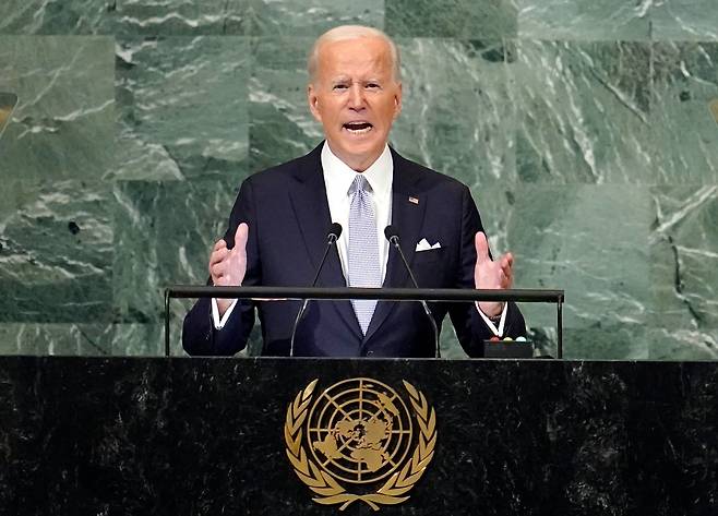 조 바이든 미국 대통령이 21일(현지시간) 유엔 본부에서 열린 제77차 유엔 총회에서 연설하고 있다. 뉴욕=AP/뉴시스