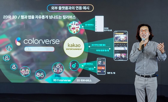지난 6월 카카오 미디어데이에서 메타버스 플랫폼 ‘컬러버스’를 소개 중인 넵튠 정욱 대표.
