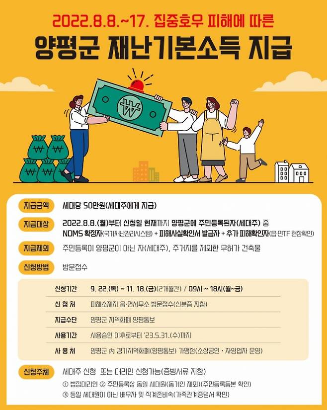 양평군, 집중호우 피해 가구별 지급 재난기본소득 접수 홍보물. / 사진=양평군