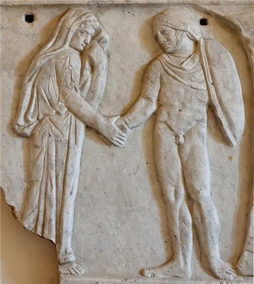 이아손과 메데이아가 혼인 맹세의 표시로 서로 손을 내미는 장면을 새긴 로마 시대의 석관. 로마 팔라초 알템프스 소장. 사진 출처 위키피디아