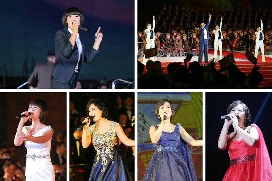 북한이 정부수립 74주년을 하루 앞둔 지난 8일 평양 만수대 언덕의 야외 특설무대에서 대규모 공연을 했다. 이날 정홍란(큰사진, 왼쪽 작은 사진)은 미국 가수 레이디 가가의 레고머리 모양으로 무대에 섰다. 그는 또 북한 가수들이 좀처럼 입지 않았던 바지정장 차림으로 공연했다. [뉴스1]