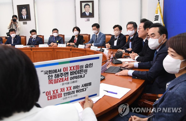 ▲ 더불어민주당 서영교 최고위원이 지난 23일 오전 서울 여의도 국회에서 열린 최고위원회의에서 발언하는 가운데, 윤 대통령 비속어 발언 피켓이 보이고 있다. (국회사진기자단)