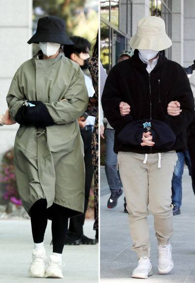 ‘계곡 살인’ 사건의 피의자 이은해(31.왼쪽)·조현수(30)씨가 16일 오후 인천시 미추홀구 인천지방검찰청으로 압송되고 있다. 2022.04.16 연합뉴스