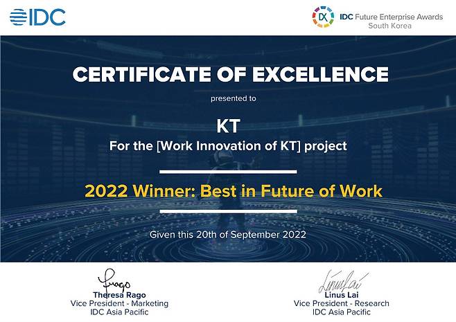 KT의 2022 IDC 퓨처엔터프라이즈어워드 수상증명서 /KT 제공
