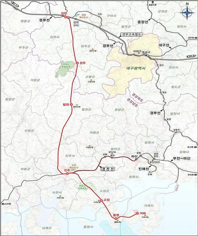 국가철도공단은 남부내륙철도(1·9공구), 대구산업선(3공구), 천안~청주공항(1공구), 석문산단 인입철도(1·2공구) 등 총 4개 사업 6개 공구에 대한 설계 용역을 발주했다.남부내륙철도 노선도.ⓒ철도공단