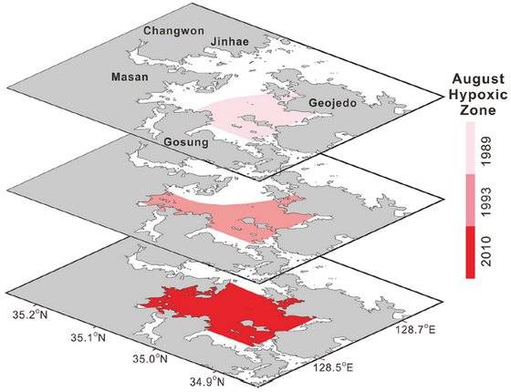 진해만에서 빈산소가 발생하는 면적이 확대되고 있다. 위에서부터 1998년과 1993년, 2010년 8월 빈산소 발생 해역. 김일남 교수 연구팀 제공