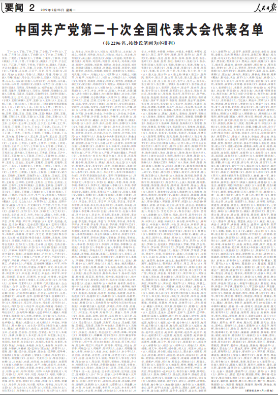 중국 공산당 기관지 인민일보에 게재된 제20차 전국대표대회 대표 명단.